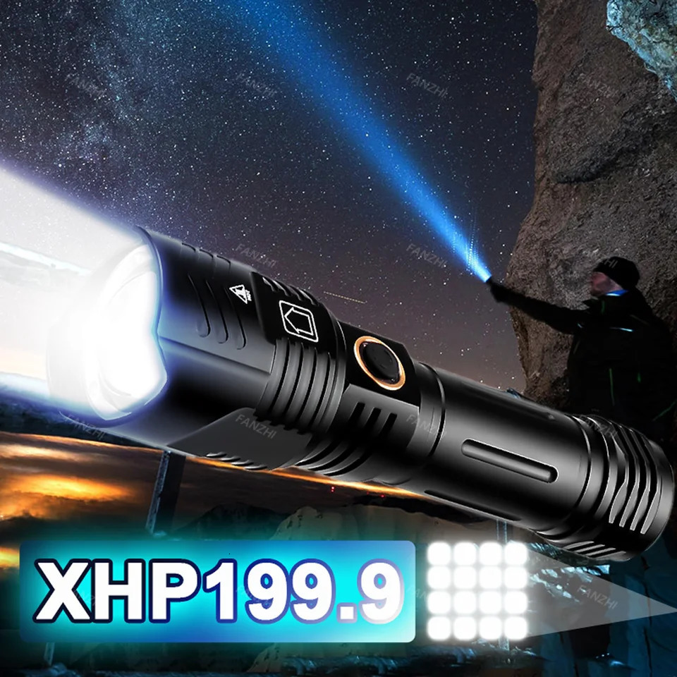 2000000 Lumens Powerful LED Flashlight 5000mAH USB Rechargeable XHP199 Portable Zoom Torch IP68 Tactical Flash Lamp Head Lantern 241105