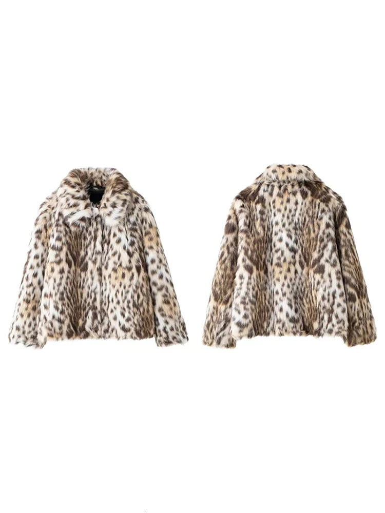 Leopard Faux Fur Coat Women Short Autumn Winter Plush Stand Collar Panelled Jacket Female Warm Stylish Outerwears Lady Casual 241104