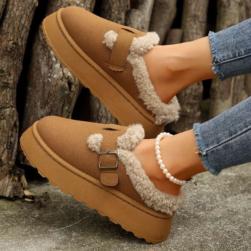 Cozy Plush ed Ankle Boots Soft Solid Color Design, Comfortable Buckle Strap, Warm Winter Shoes Women - Perfect for Cold Weather, Casual Daily Wear