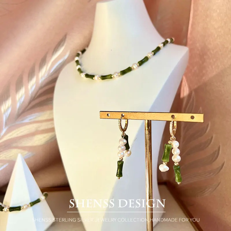Jewelry Set Natural Freshwater Pearl Jade Bamboo Festival Necklace Bracelet Earrings Copper Plated 14k Gold Accessories Jewelry 241106