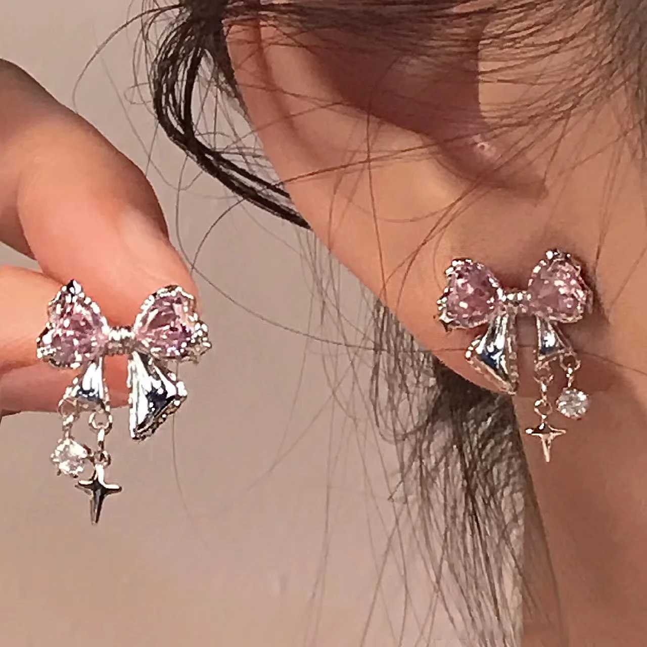 Y2K bow zircon stud earrings used for stylish Korean silver crystal personalized earrings girls party jewelry gifts X241106