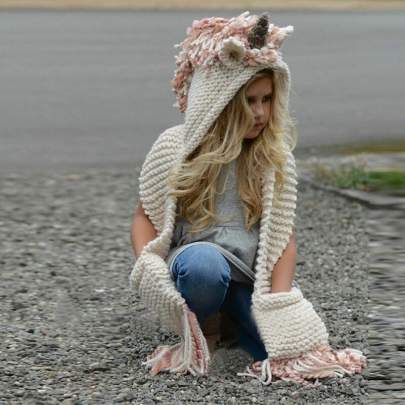 Unicorn Hooded Scarf Animal Hoodie Cowl Crochet Knitted Bean Hat for Children Baby Girls Cute Fashion Hat 2-12Y 241105