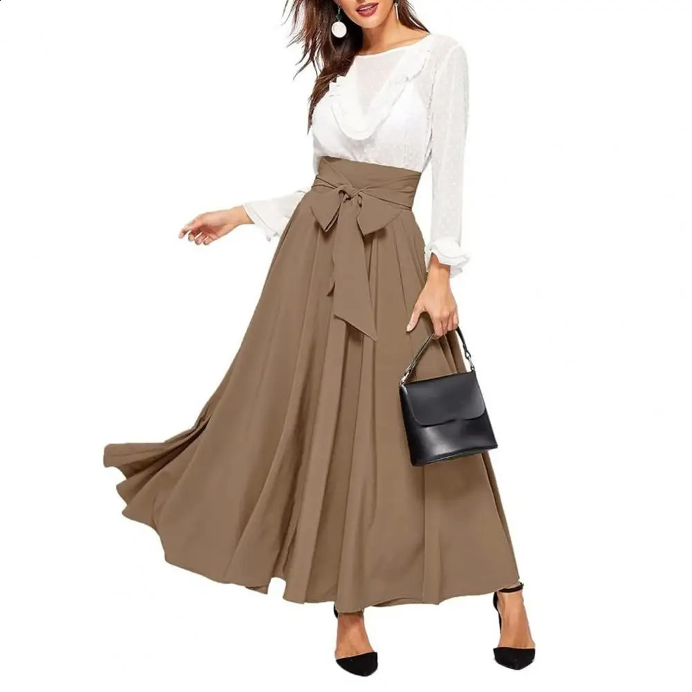 Solid Color Highwaisted Skirt Women Elegant Laceup Maxi with High Waist Aline Silhouette for Spring 240402