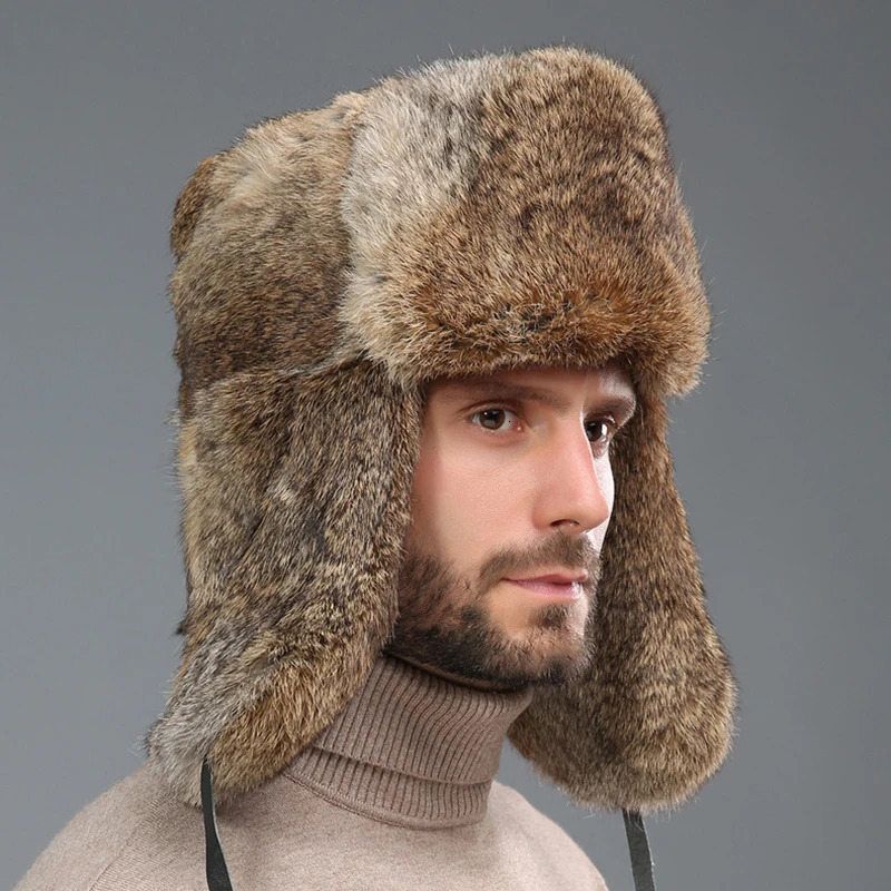 Fashionable Thick Warm Bomber Hat Mens True Rabbit Fur Earrings Catcher Russian Hat Mens Large Winter Hat Mens Ski Russian Hat 241106