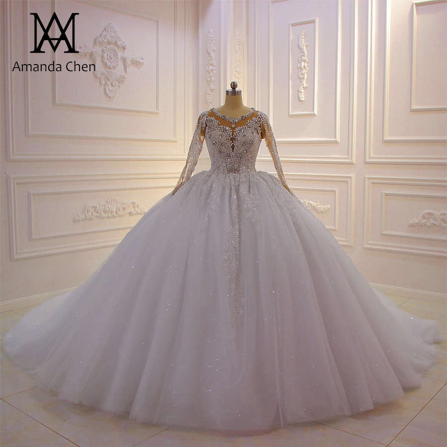 vestido de novia princesa Long Sleeve Lace Applique Rhie Crystal Pure White Wedding Dress