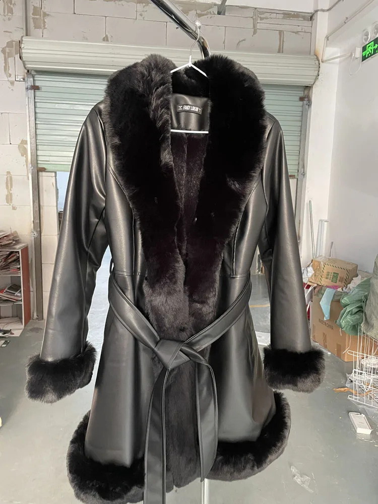 RR2076 PU Leather Long Jackets Women Fashion Tie Belt Waist Coats Elegant Side Pockets Faux Fur Female Ladies 241104