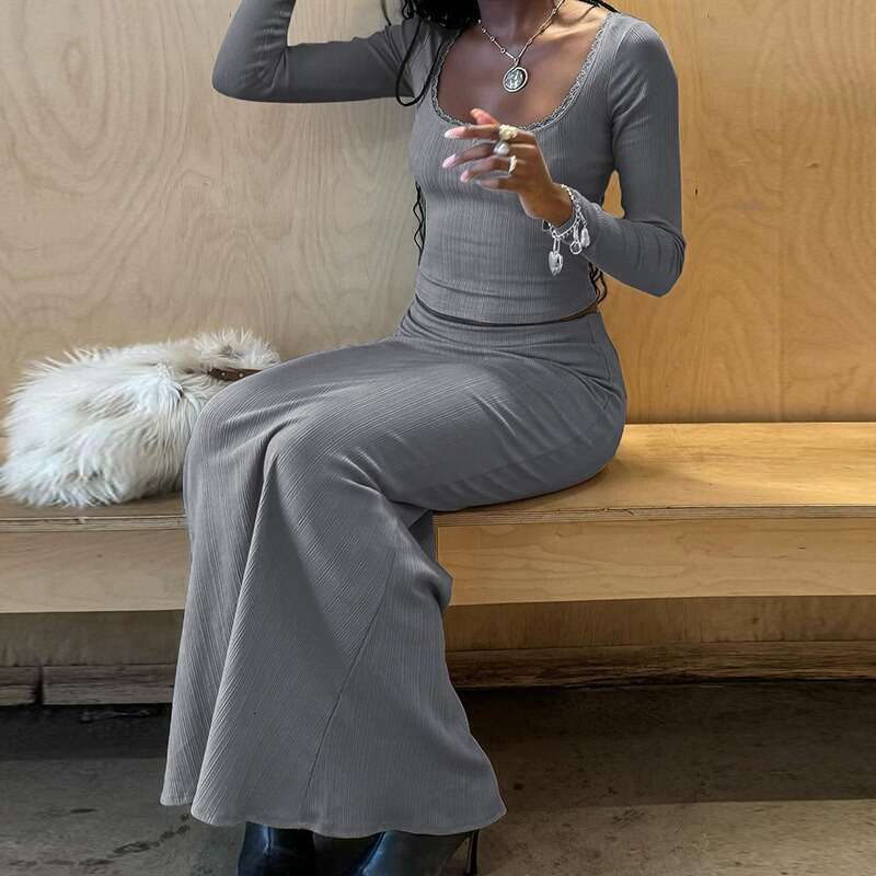 Talenza Elegant Women's Fashion Lace Long Sleeve Top High Waist Skirt 2 Piece Set Solid Slim Casual Female Suit