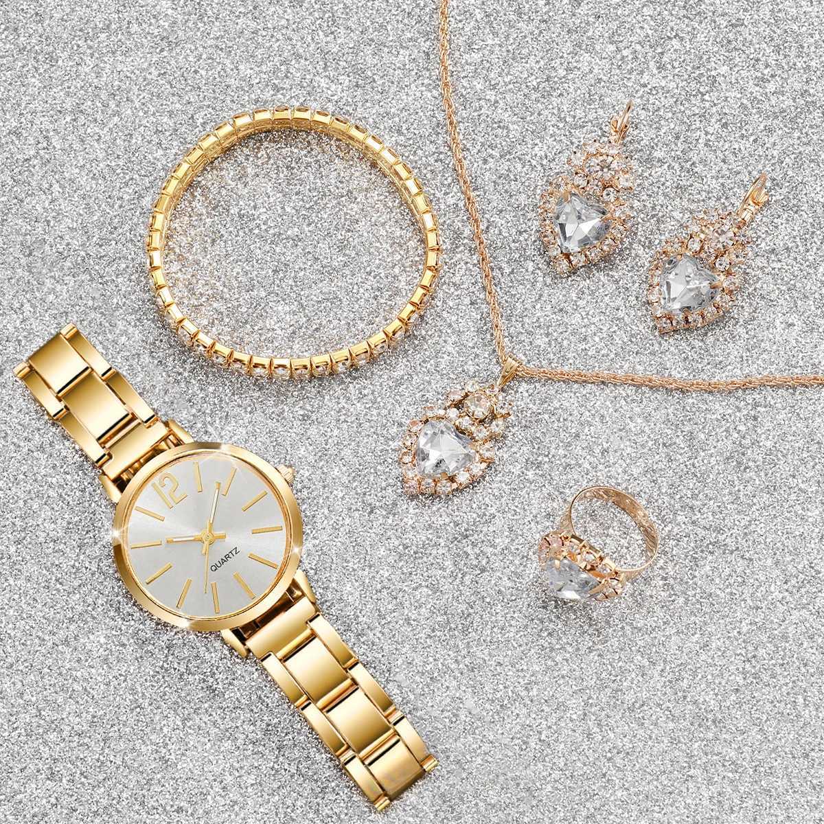 6-piece/warm luxury watch set with fashionable style synthetic diamond jewelry set a gift for girlfriend Ms wife X241106