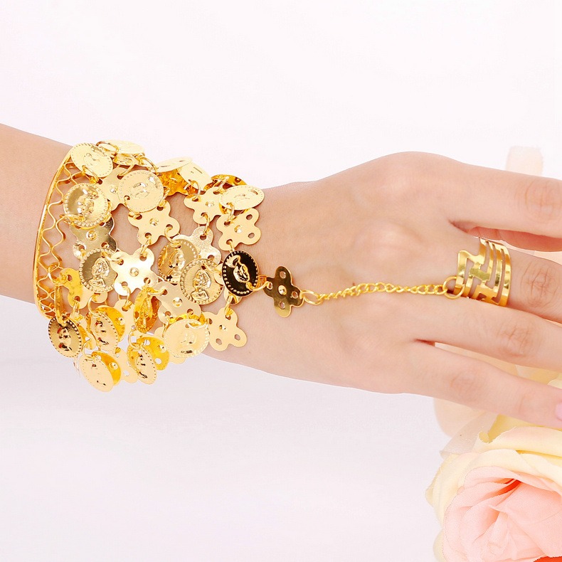 Exotic Ethnic Style Coin Bracelet Indian Dance Performance Costume Jewelry Accessories Gold Circular Ring Bracelet