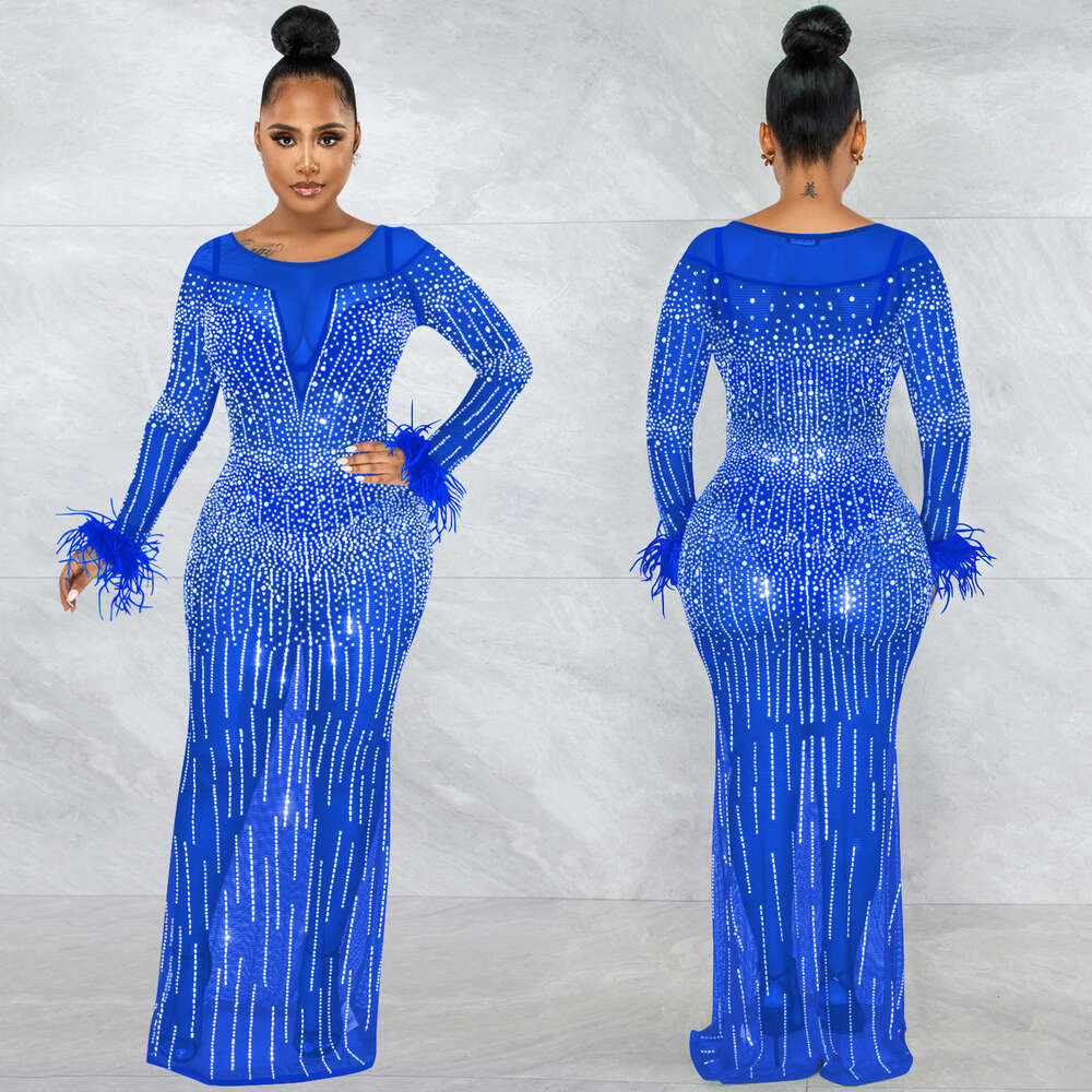 Fashion Nightclub Party Hot Diamond Women's Clothing Mesh Perspective Sleeve Long Dress Women F4685