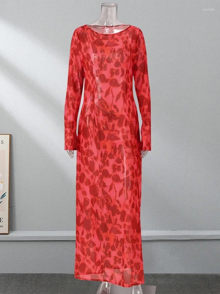 Casual Dresses Long Sleeve Rose Printed Maxi Dress Elegant Floral Print Flare Chiffon Summer Women O Neck Slim Beach Holiday Party