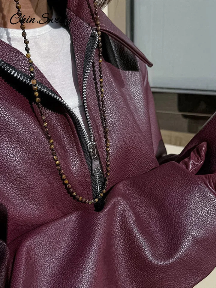 Fashion Lapel Leather Bomber Jacket Women Loose Zipper Long Sleeves Locomotive Coat 2024 Autumn Lady High Street Outerwear 241106