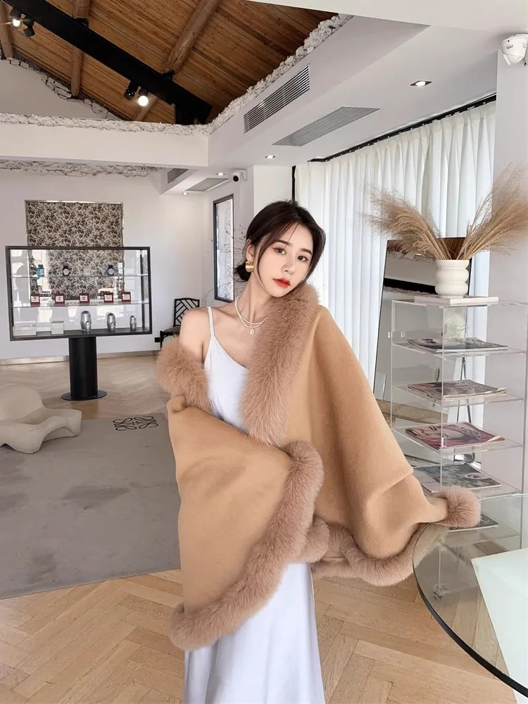 Lady Custom Cashmere Wool Shawl Cape Poncho With Real Fox Fur Collar Winter Handmade Wholesale 100% Women 241105