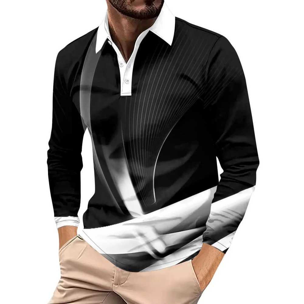 Mens Shirt Cool Geometry 3D Printing Strt Fashion Collar Graphic T-shirt Mens Top Casual Button Mens Long Sve T-shirt W241106