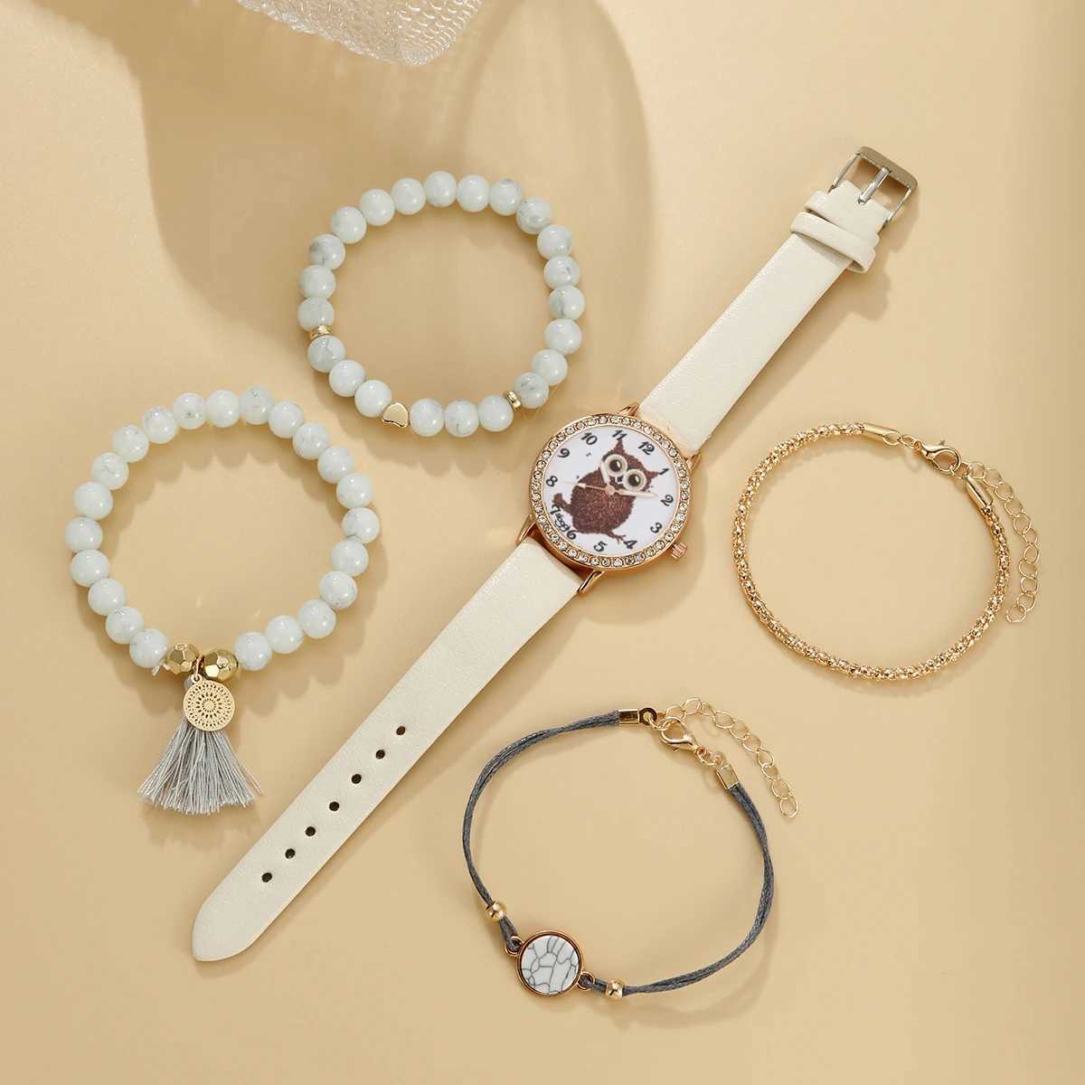 The trend of 5-piece set and Versatile Academy leather inlaid diamond watch cartoon owl quartz watch X241106