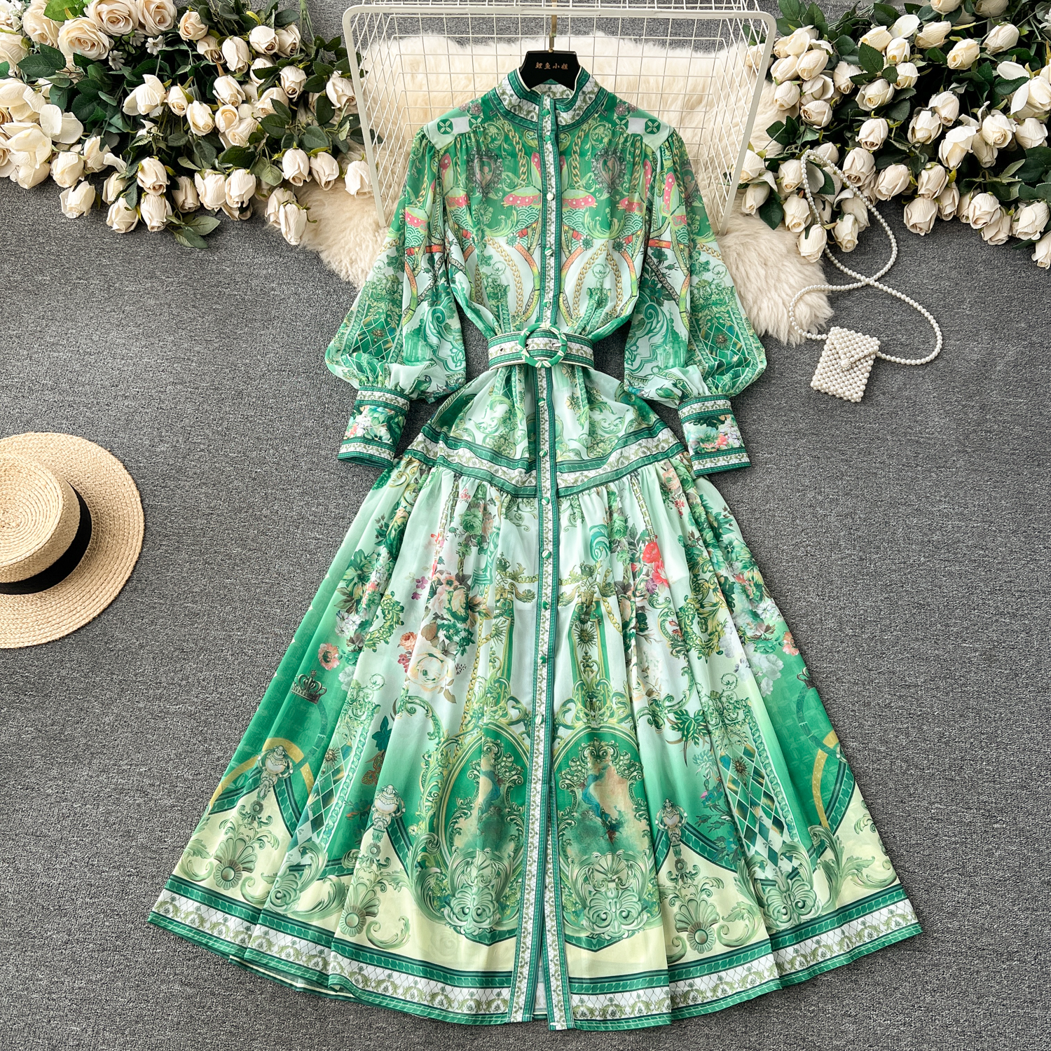 Urban Sexy Dresses 2025 Bohemian Chiffon Green Maxi Dress Women's Stand Long Lantern Sleeve Single Breasted Wer Print Belt Holiday Robe Vestidos