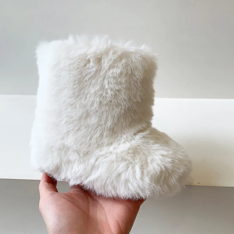 Fluffy Warm Plush Boots Baby Girls Thick Fur Booties Toddler Child Winter Fashion Round Toe Slip-on Outdoor Cotton Shoes 241106