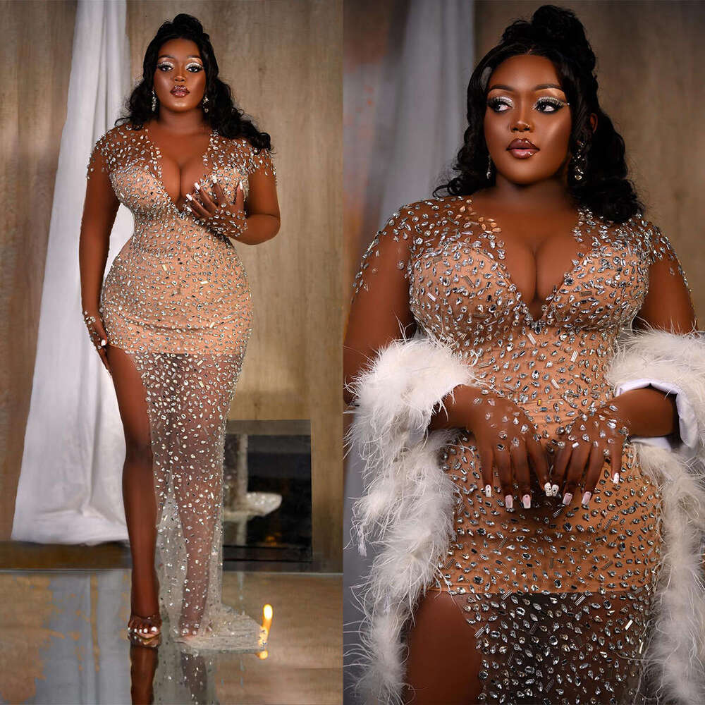 Dubai Arabic Evening Dresses Illusion Tulle Sexy Formal Prom Dress Crystal Side Split Sweep Train Robes Custom Made