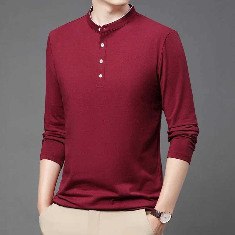 New mens business casual long Sved solid color cotton stand up collar shirt fashionable and breathable Versatile top W241106