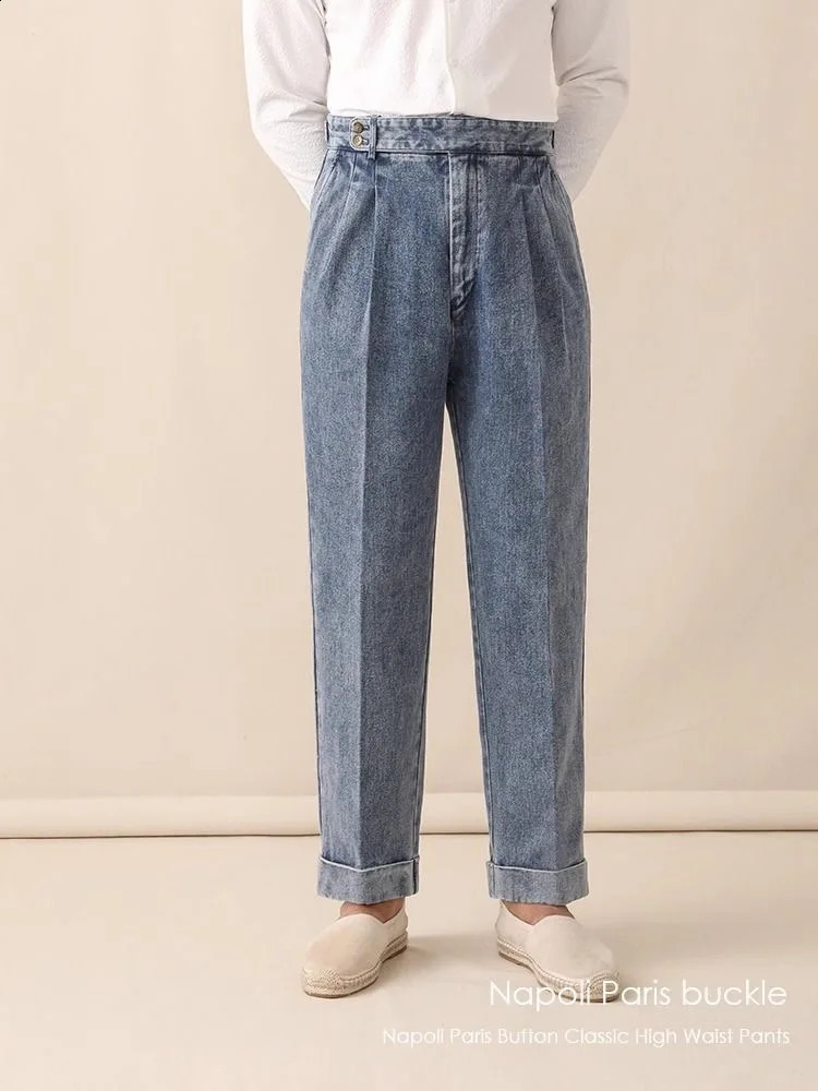 Fashion Vintage Men Naples Jeans Pants British Styles Waist Buckle Trousers Autumn Business Gentleman Casual Denim 241104