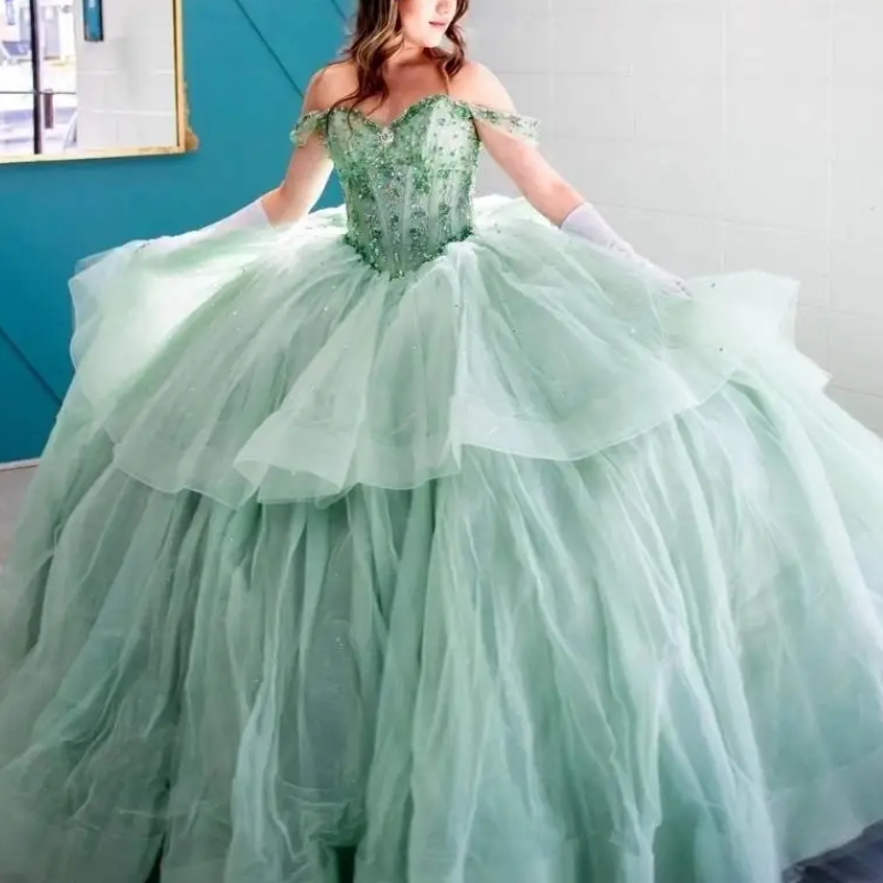 Mint Green Ball Gown Quinceanera Dresses Sweetheart Beads Crystal Tull Off the Shoulder Party Birthday Sweet 16 Vestido De 15 Anos