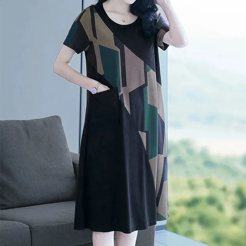 Summer Elegant Fashion Retro Aesthetic Loose Chinese Style Womens Clothing Sweat Office Lady O Neck Pockets Dresses 240329