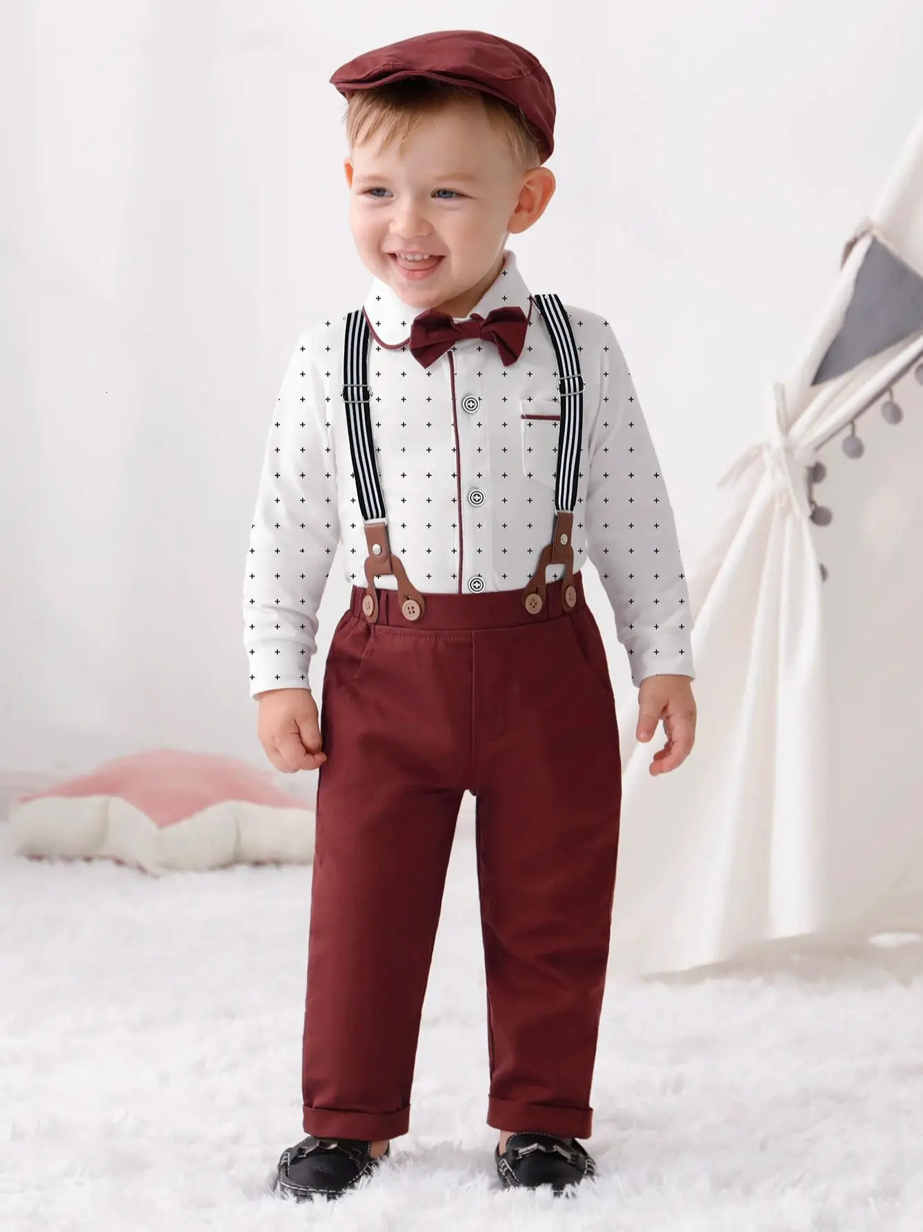 Baby Boy Clothes Infant Boy Gentleman Outfits SuitDress Shirt Suspender Pants Bowtie Beret Hat Wedding 241106