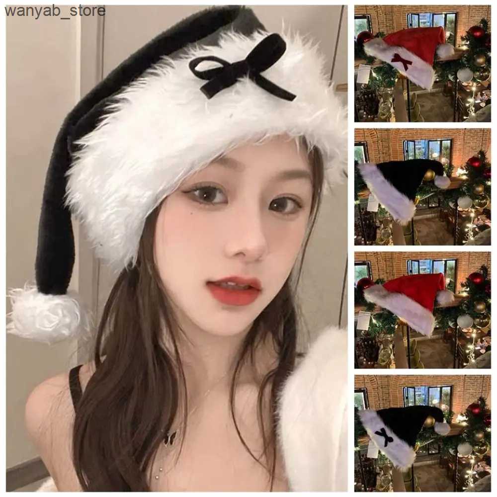 Wide Brim Hats Bucket Hats Warm Black Christmas Plush Hat Cloth Accessories Cartoon Plush Ball Soft Beanie Muffler Bow Santa Hat Boy L240910