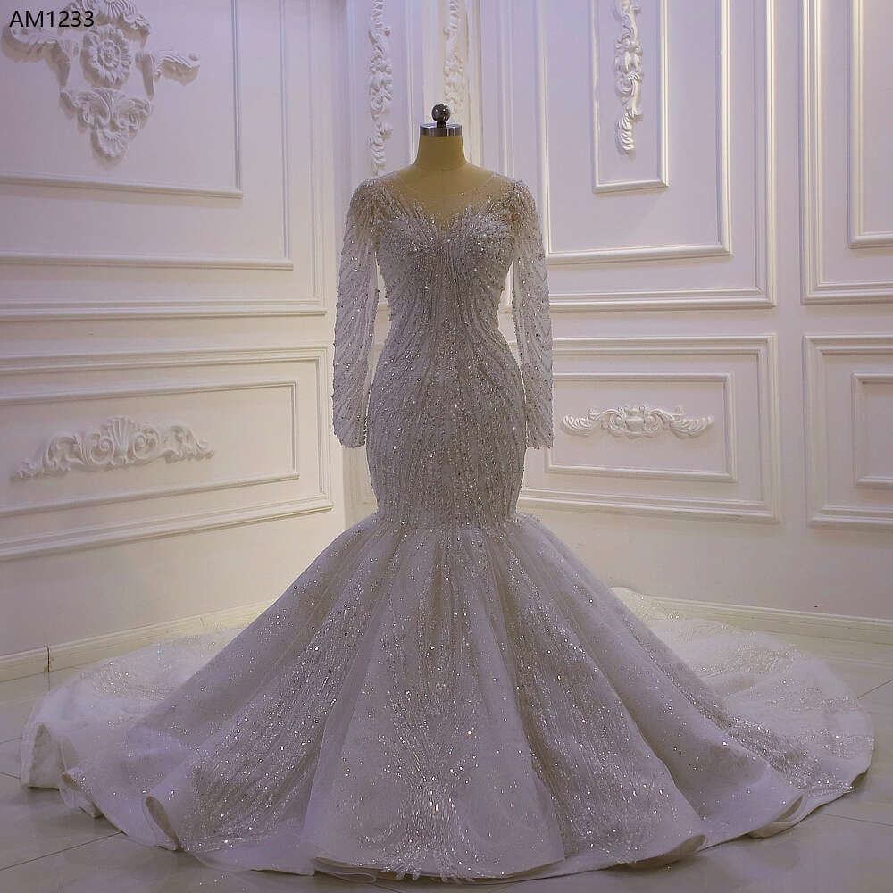 Long Sleeve Lace Beads Mermaid Wedding Dress