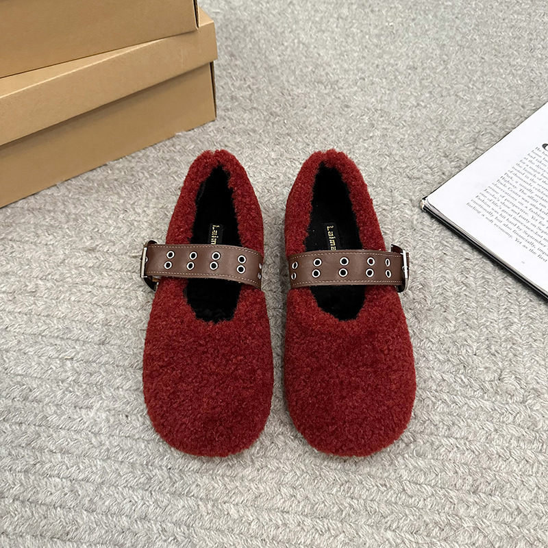 2024 Autumn/Winter New Lamb Wool Bean Women's Shoes with Velvet Warm Flat Fury Shoes Fashion Strap Single Shoes for Women