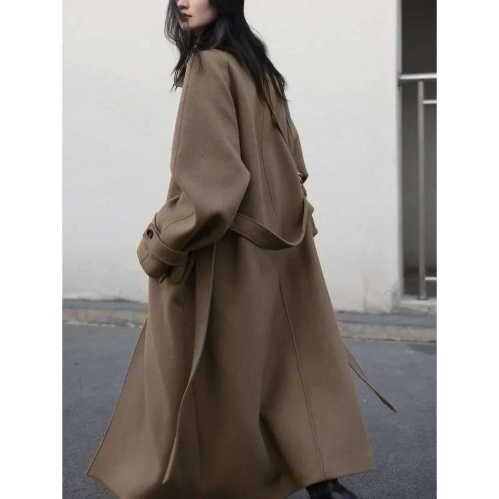 CHIC VEN Women's Trencn Standing Belt Lace Up Woolen Coat Raglan Sleeves Long Overcoat Office Lady Autumn Winter 2024