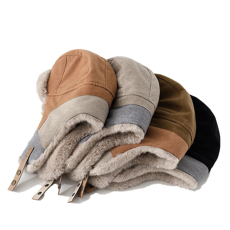 Russian mens earmuffs pilot hat winter Korean spliced artificial rabbit Ushak bomber trap thick warm hat womens ski hat 241106