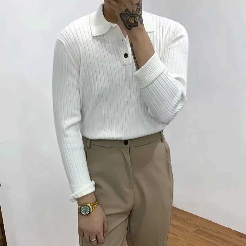 Autumn Long Sve Knitted Mens Fashion Ribbon Solid Color Ultra Thin T-shirt Knitted Mens Casual Button Collar Zipper W241106