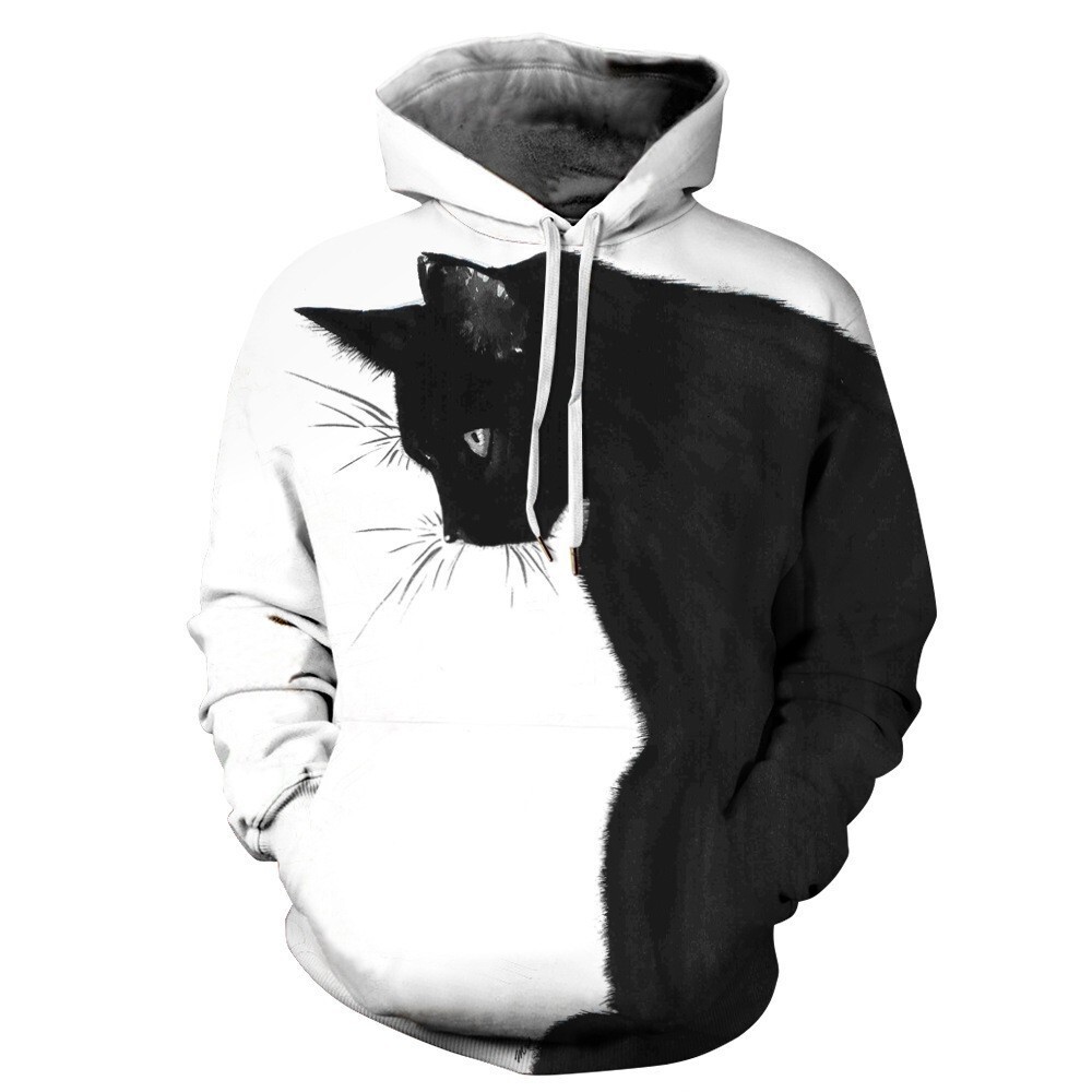 New Printed Black Cat Animal Skeleton Top, Long Sleeved Couple Outfit, Loose Hooded Sweatshirt, Unisex Style Drop Shoulder Hoodies Graphic Hoodies