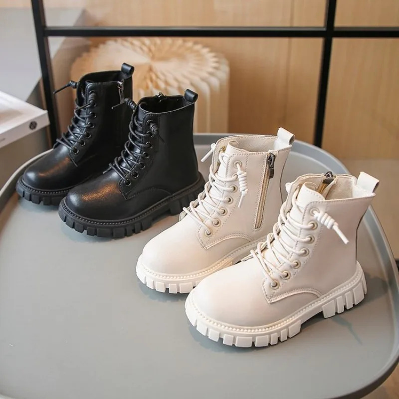 Childrens Platform Ankle Boots Autumn Winter Girls Causal Black Leather Boots Fashion Non-slip Kids School Thick Bottom Boots 241106