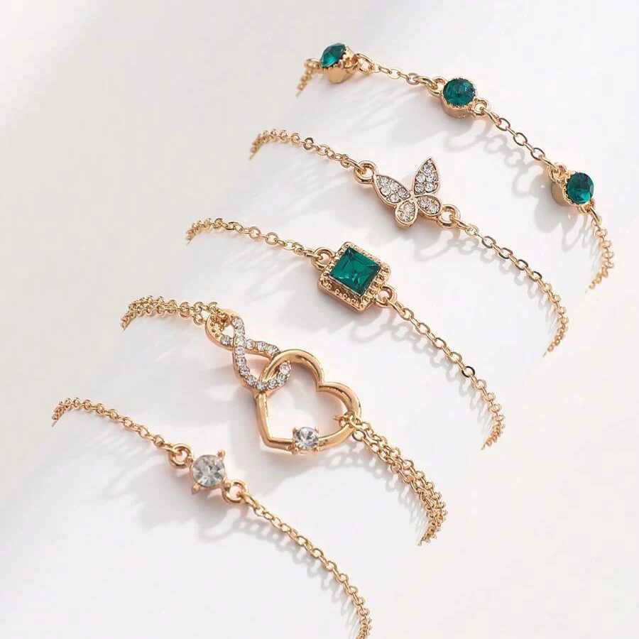 5-piece Hallow Out Green Crystal Stone Bracelet Set designed for elegant gold and cute Rhinestone Girl Bracelet Set X241106