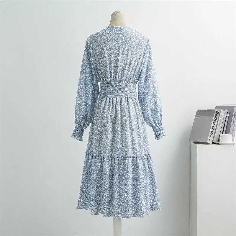 Spring Chiffon Dress Women Casual Dresse Vestidos Female Printed Floral Long Sleeve Vneck Aline Midi Dresses Plus Size M3XL 240329