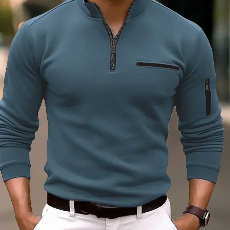 Spring Fashion Zipper Design Shirts 2024 Casual Solid Color O-Neck Ts Pullover Fashion Mens Long Sve W241106