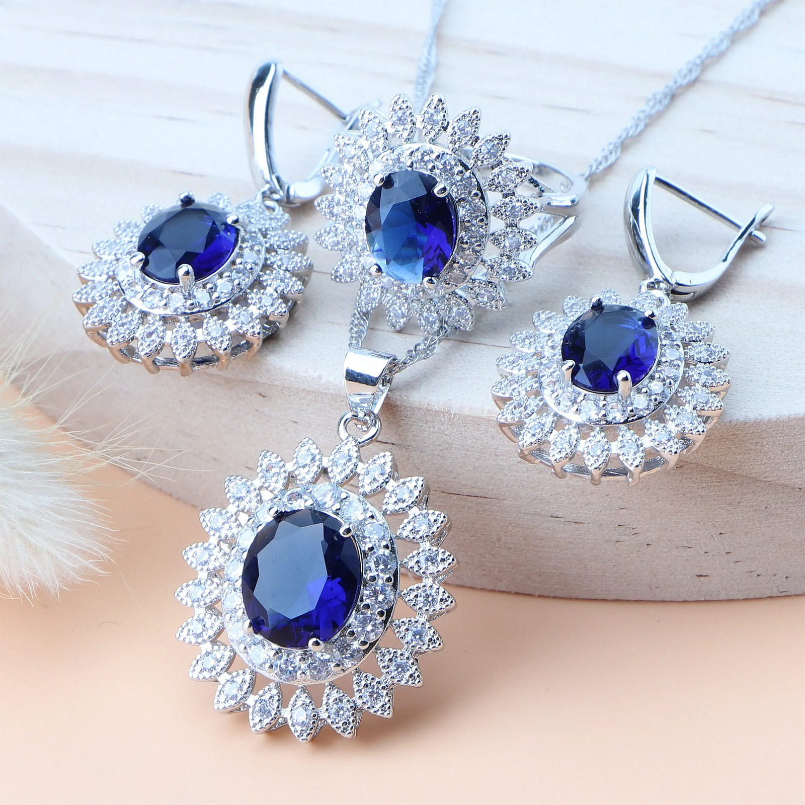 Natural Bridal Jewelry Set Silver 925 Jewelry Ring Pendant Necklace Earrings Wedding Blue Cubic Zircon Set 241106