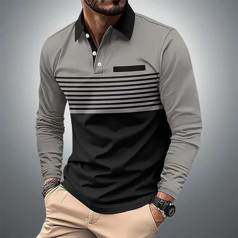 Spring and Autumn mens long SVED shirt classic business casual shirt 3D striped printed casual T-shirt W241106
