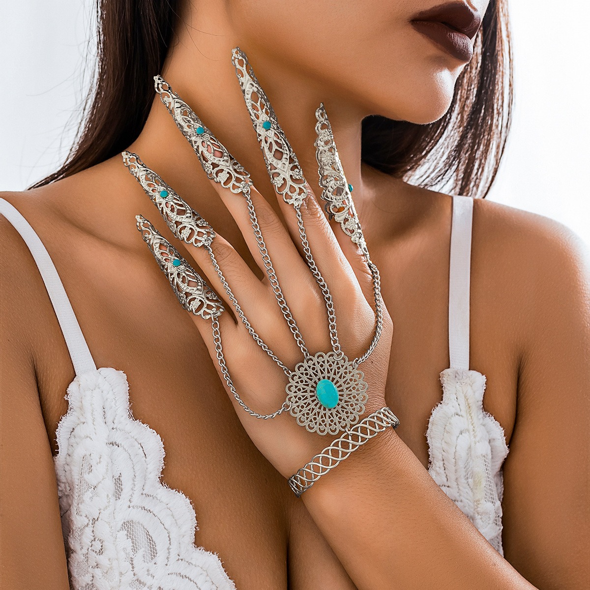 European and American Gothic Style Turquoise Finger Bracelet, Retro Halloween Ghost Punk Tapered Nail Chain Ring with Accessories