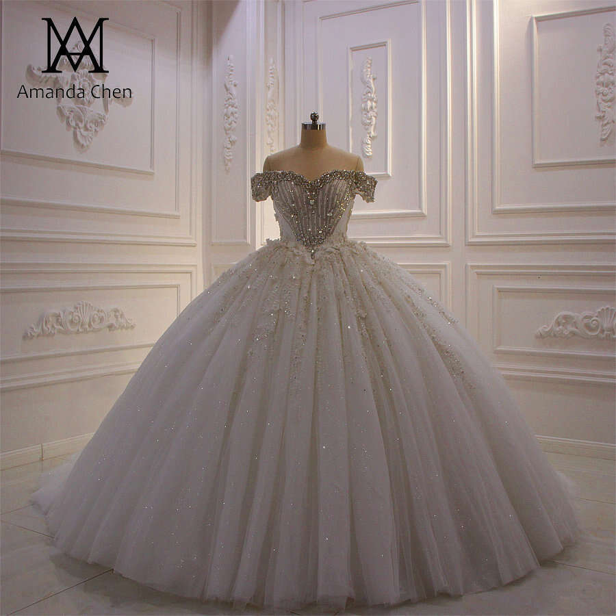 robe blanche Off Shoulder Crystal Beading Fluffy Wedding dress