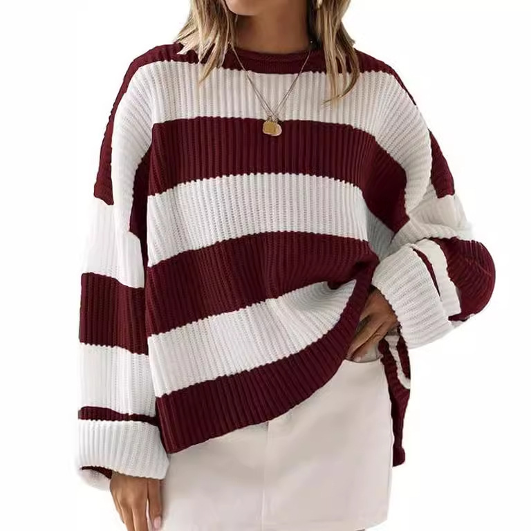 2025 Autumn And Winter Round Neck Long Sleeved Striped Knitted Shirt For Women Flared Sleeve Loose Sweater Woolen Sweater