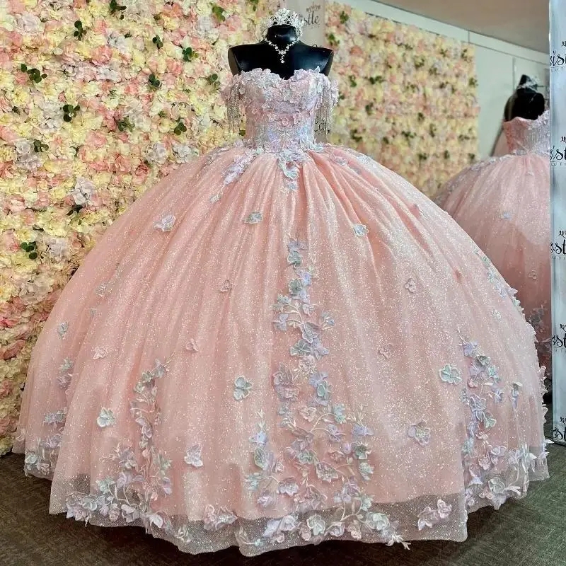 Pink Shiny Princess Quinceanera Dresses Ball Gown Off The Shoulder Tulle Appliques Lace Beads Tull Party Birthday Sweet 16 Dress 15 Anos Mexican