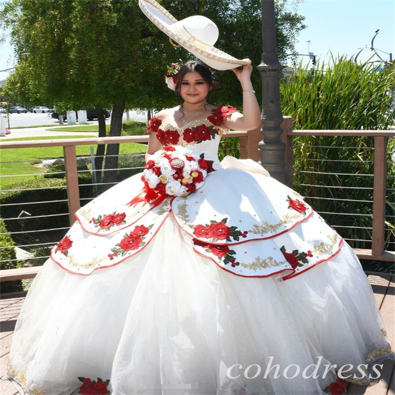 Ball Gown White Charro Quinceanera Dresses Debutante Cap Sleeves Rose Flowers Mexican Vestidos De 15 Xv Anos Puffy Tulle Tiered Sweet 16 Dress Elegant