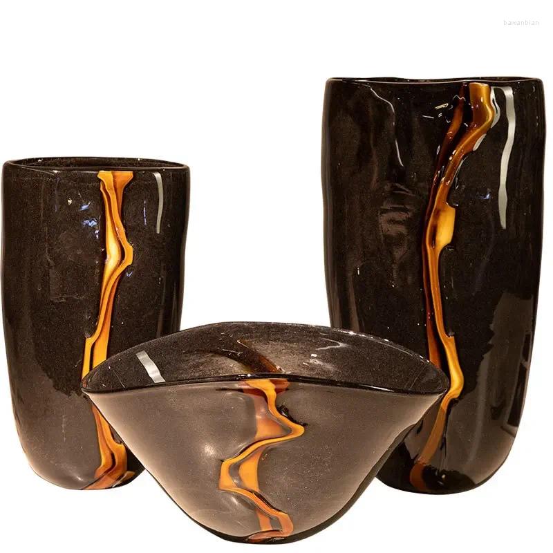 Vases Black Glass Vase Crack Water Ripple Flower Pot Floral Arrangement Accessories Flowerpot Terrarium Room Decoration