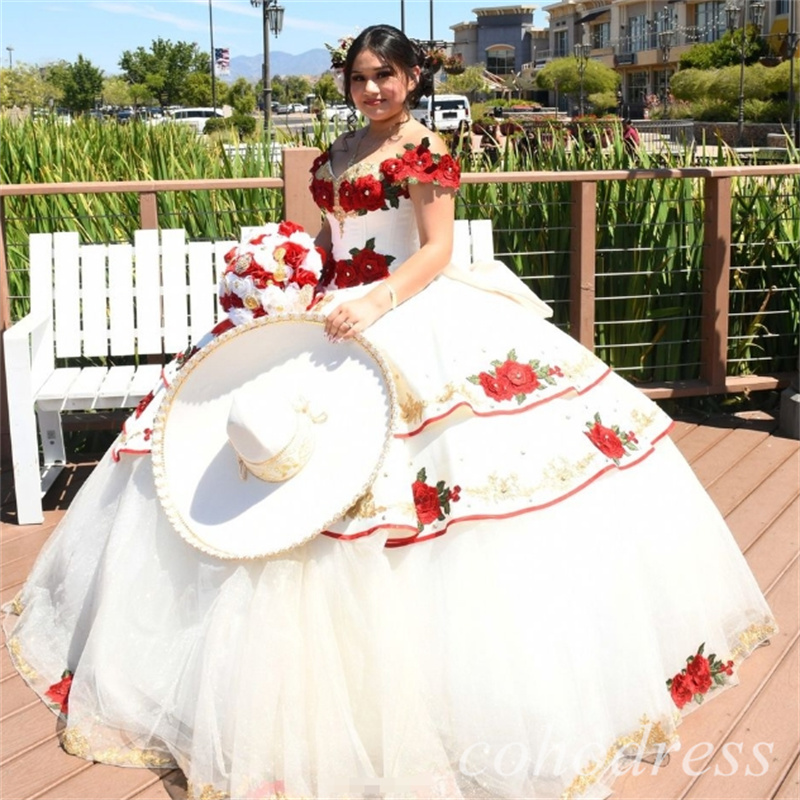 Ball Gown White Charro Quinceanera Dresses Debutante Cap Sleeves Rose Flowers Mexican Vestidos De 15 Xv Anos Puffy Tulle Tiered Sweet 16 Dress Elegant