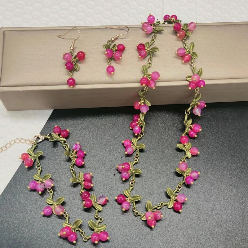 Vintage Forest Plant Series Bracelet Leaves Pearl Beads Multi Color Bracelet Necklace Earring Set Women 241106