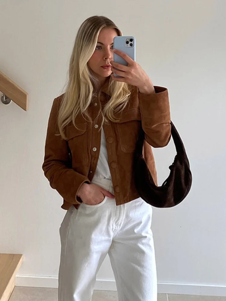 Fashion Brown Slim Fit Suede Short Jackets Womens Vintage Single Breasted Long Sleeves Cropped Coats Chic Lady Autumn Outerwear 241106