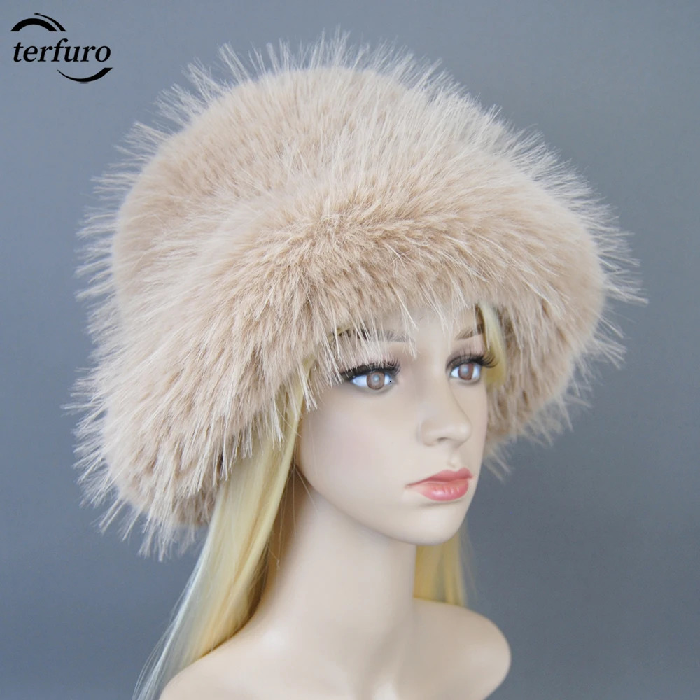Winter autumn womens bucket hat oversized fluffy Brim soft long tailed synthetic raccoon fur elegant fisherman hat 241106